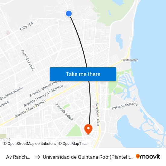 Av Rancho Viejo to Universidad de Quintana Roo (Plantel temporal Cancún) map