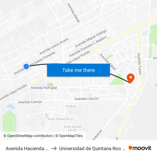 Avenida Hacienda De Chablé, 1536a to Universidad de Quintana Roo (Plantel temporal Cancún) map