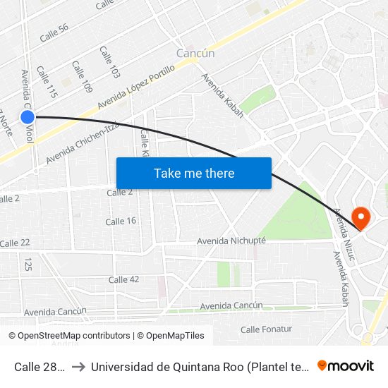 Calle 28, 100 to Universidad de Quintana Roo (Plantel temporal Cancún) map