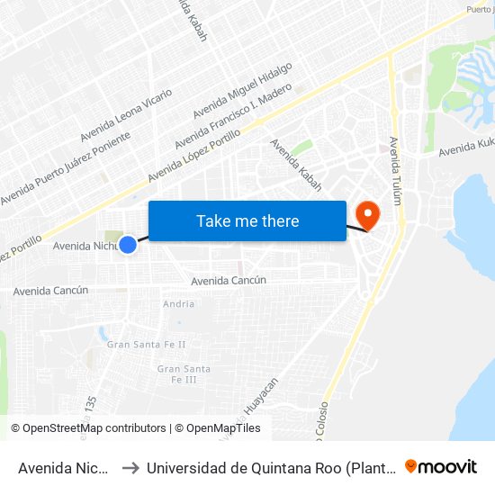 Avenida Nichupté, N2 to Universidad de Quintana Roo (Plantel temporal Cancún) map