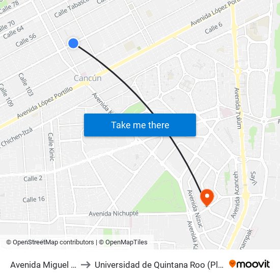 Avenida Miguel Hidalgo, 675 to Universidad de Quintana Roo (Plantel temporal Cancún) map