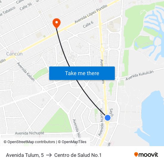 Avenida Tulum, 5 to Centro de Salud No.1 map