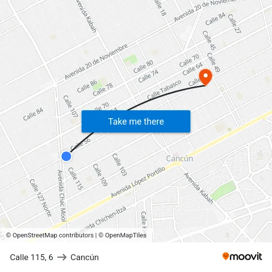 Calle 115, 6 to Cancún map
