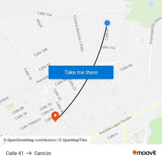 Calle 41 to Cancún map