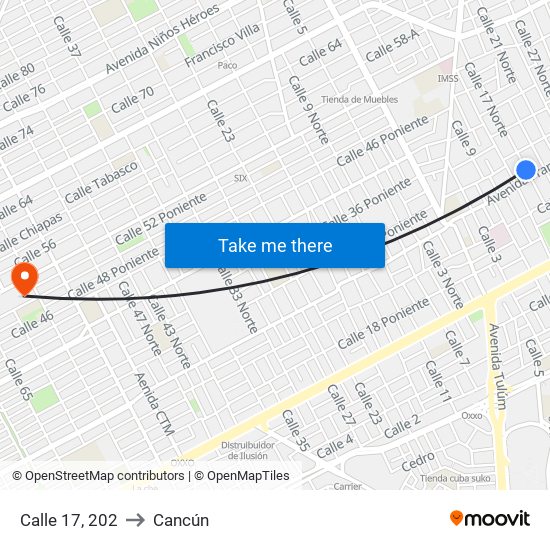 Calle 17, 202 to Cancún map