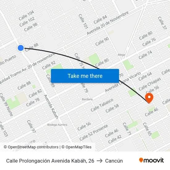 Calle Prolongación Avenida Kabáh, 26 to Cancún map