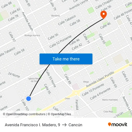 Avenida Francisco I. Madero, 9 to Cancún map