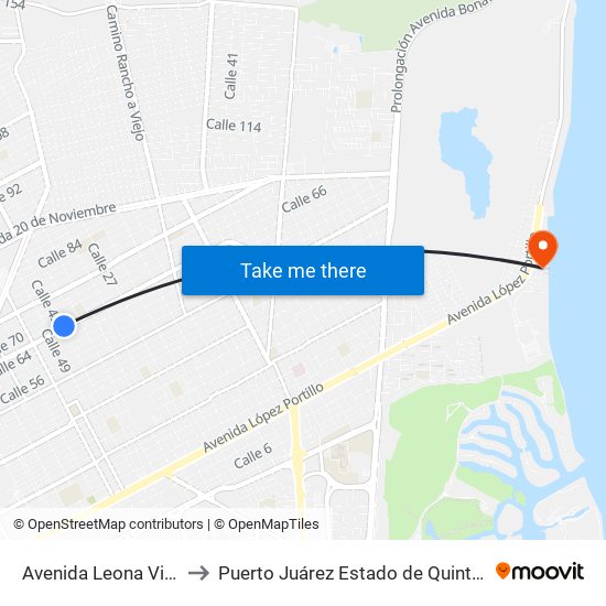 Avenida Leona Vicario, 231 to Puerto Juárez Estado de Quintana Roo Mexico map