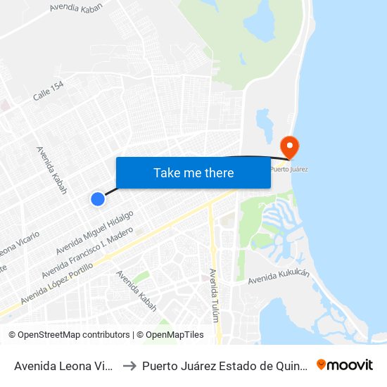 Avenida Leona Vicario, 2201 to Puerto Juárez Estado de Quintana Roo Mexico map