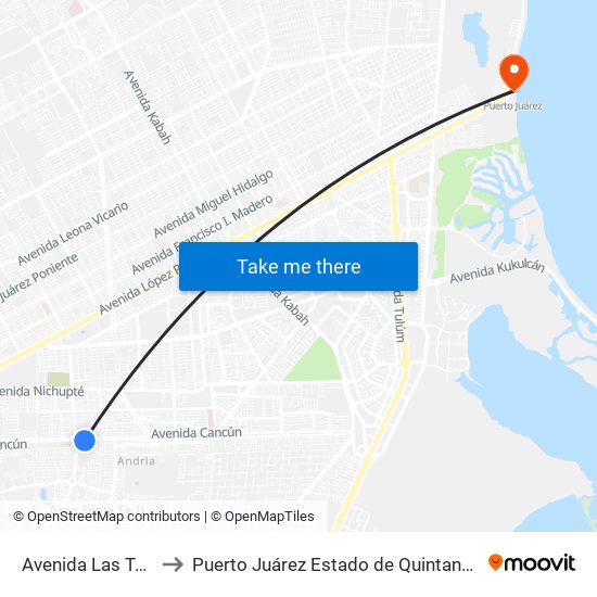 Avenida Las Torres, 1 to Puerto Juárez Estado de Quintana Roo Mexico map