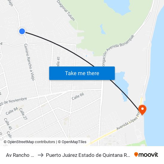 Av Rancho Viejo to Puerto Juárez Estado de Quintana Roo Mexico map