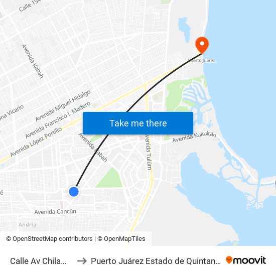 Calle Av Chilam Balam to Puerto Juárez Estado de Quintana Roo Mexico map