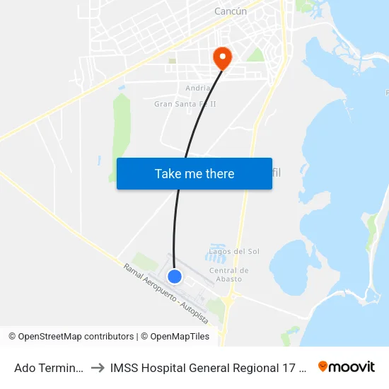 Ado Terminal 1 to IMSS Hospital General Regional 17 Cancún map