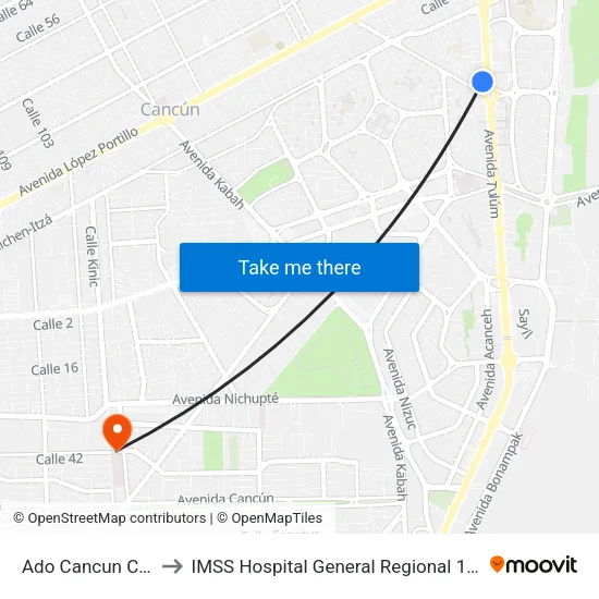Ado Cancun Centro to IMSS Hospital General Regional 17 Cancún map