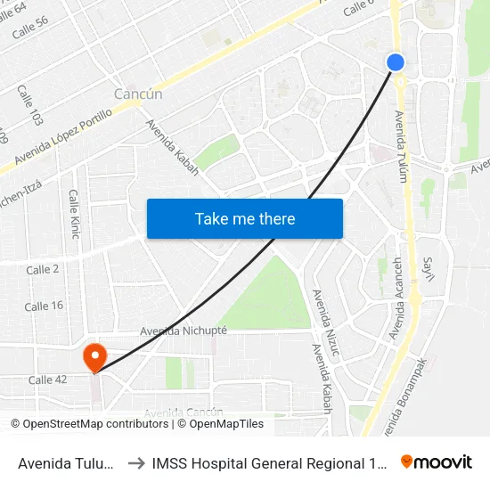Avenida Tulum, 24 to IMSS Hospital General Regional 17 Cancún map