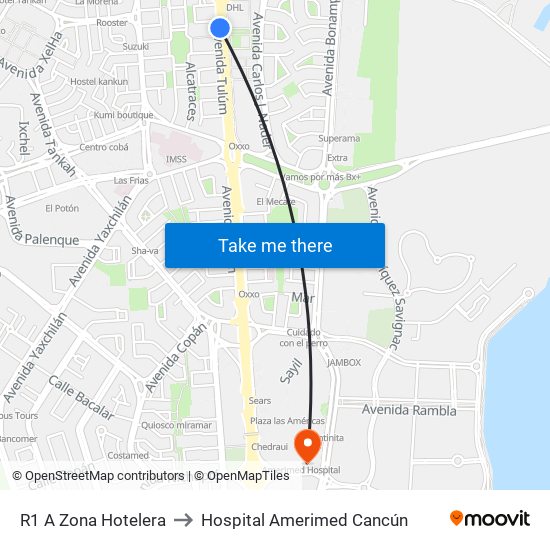 R1 A Zona Hotelera to Hospital Amerimed Cancún map