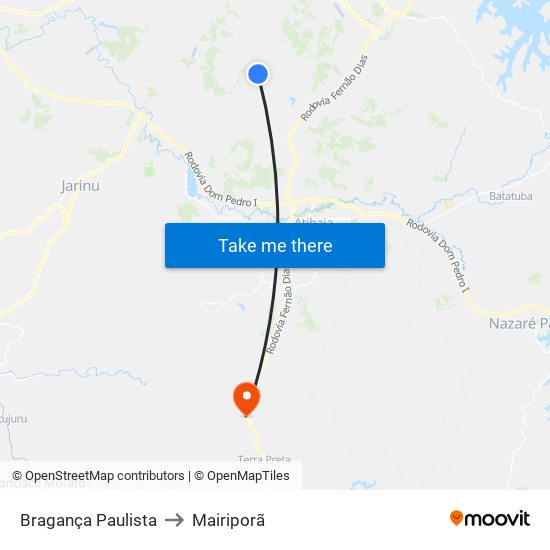 Bragança Paulista to Mairiporã map
