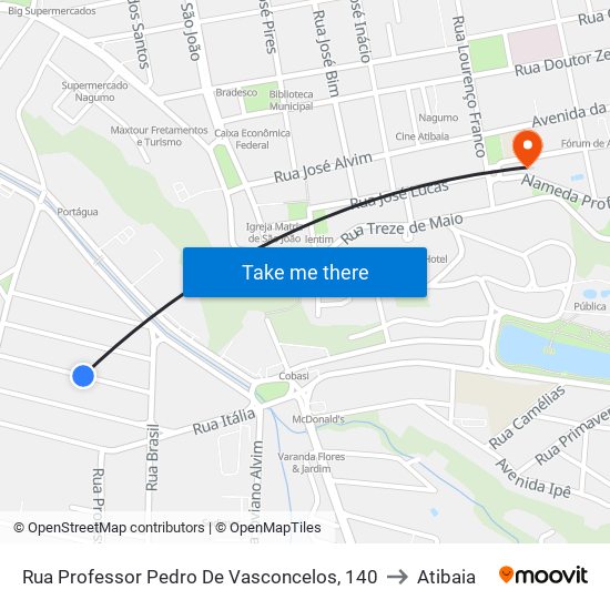 Rua Professor Pedro De Vasconcelos, 140 to Atibaia map