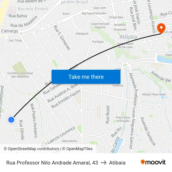 Rua Professor Nilo Andrade Amaral, 43 to Atibaia map