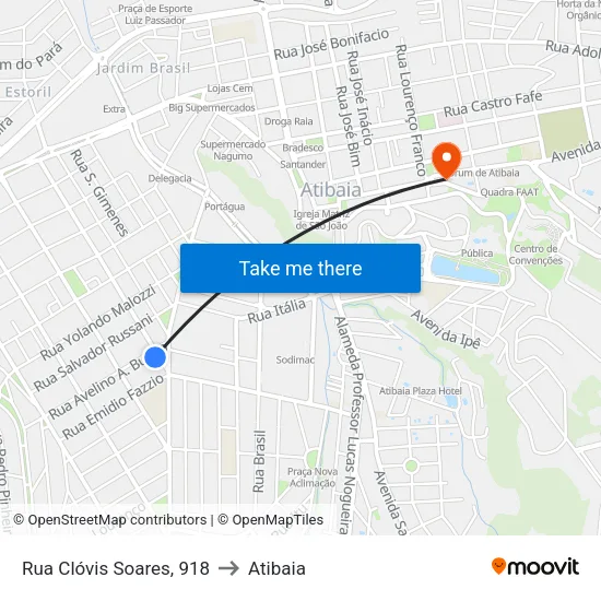 Rua Clóvis Soares, 918 to Atibaia map