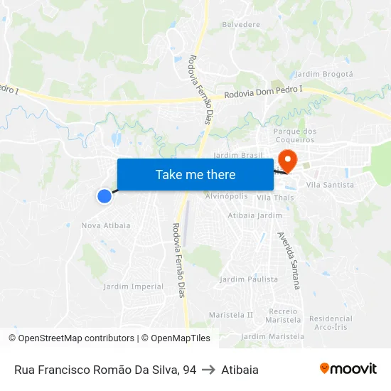 Rua Francisco Romão Da Silva, 94 to Atibaia map