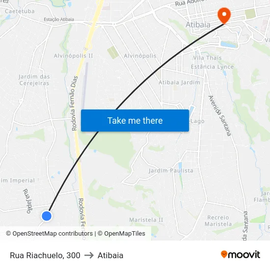 Rua Riachuelo, 300 to Atibaia map