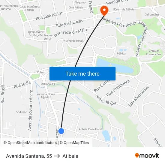 Avenida Santana, 55 to Atibaia map