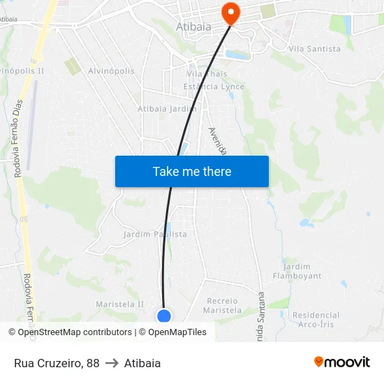Rua Cruzeiro, 88 to Atibaia map