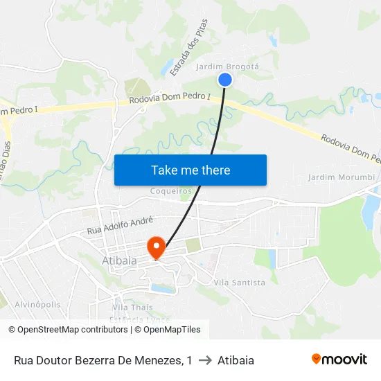 Rua Doutor Bezerra De Menezes, 1 to Atibaia map
