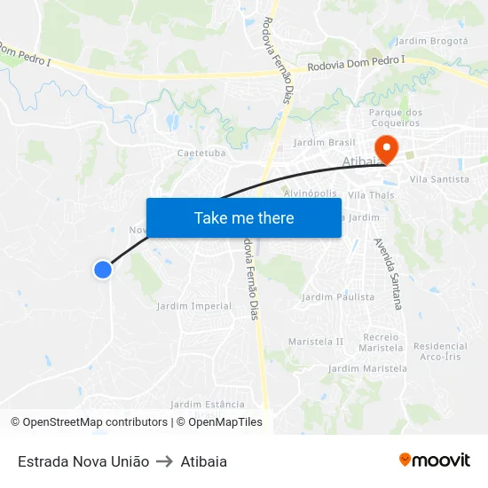 Estrada Nova União to Atibaia map