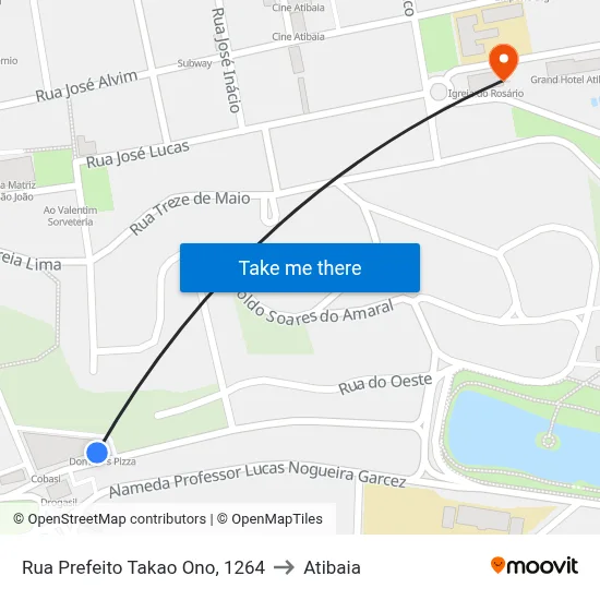 Rua Prefeito Takao Ono, 1264 to Atibaia map