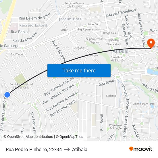 Rua Pedro Pinheiro, 22-84 to Atibaia map