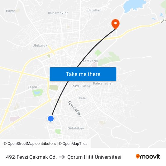 492-Fevzi Çakmak Cd. to Çorum Hitit Üniversitesi map