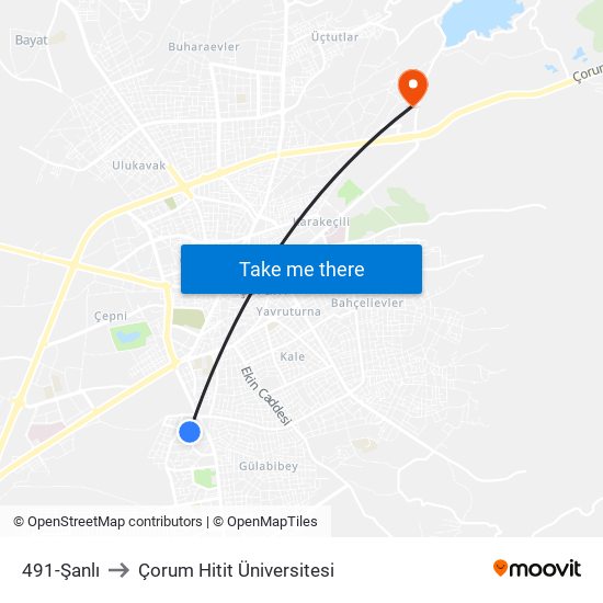 491-Şanlı to Çorum Hitit Üniversitesi map
