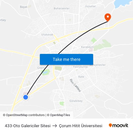 433-Oto Galericiler Sitesi to Çorum Hitit Üniversitesi map