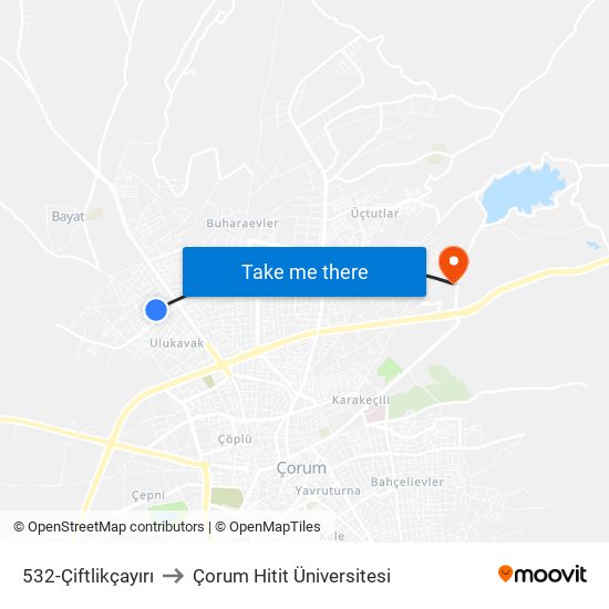 532-Çiftlikçayırı to Çorum Hitit Üniversitesi map