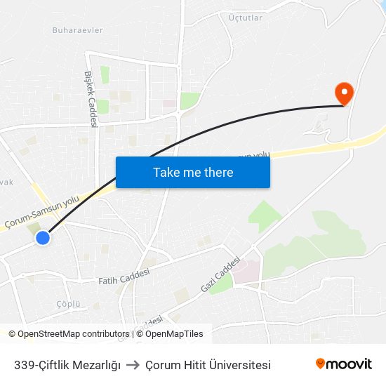 339-Çiftlik Mezarlığı to Çorum Hitit Üniversitesi map