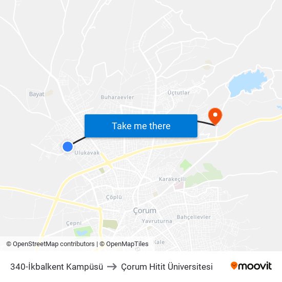 340-İkbalkent Kampüsü to Çorum Hitit Üniversitesi map