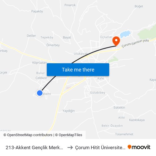 213-Akkent Gençlik Merkezi to Çorum Hitit Üniversitesi map