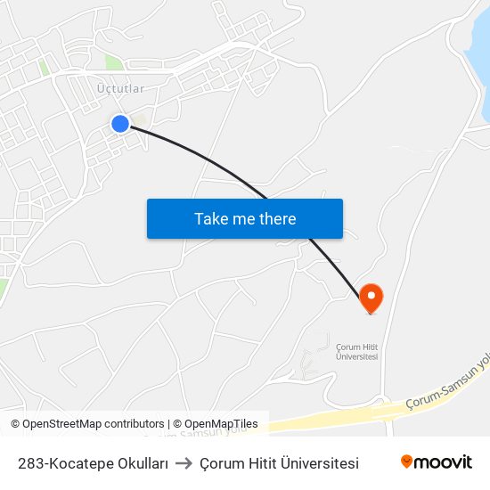 283-Kocatepe Okulları to Çorum Hitit Üniversitesi map