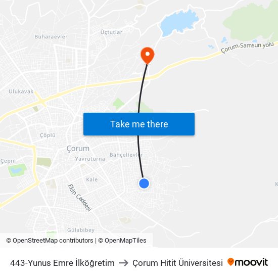 443-Yunus Emre İlköğretim to Çorum Hitit Üniversitesi map