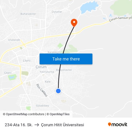 234-Ata 16. Sk. to Çorum Hitit Üniversitesi map