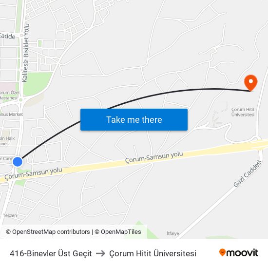 416-Binevler Üst Geçit to Çorum Hitit Üniversitesi map