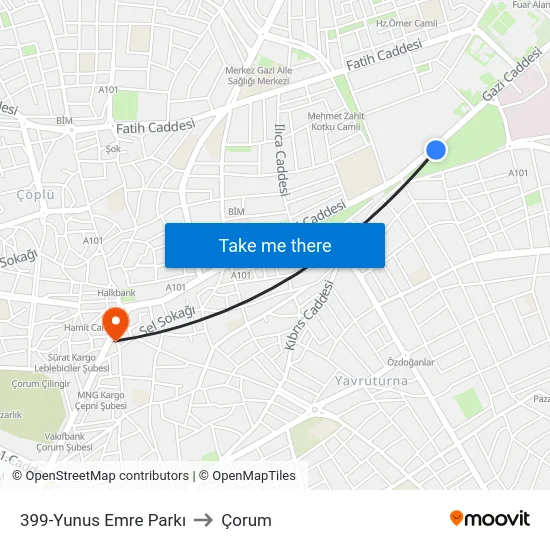 399-Yunus Emre Parkı to Çorum map