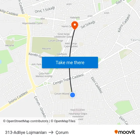 313-Adliye Lojmanları to Çorum map