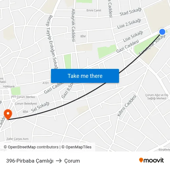 396-Pirbaba Çamlığı to Çorum map