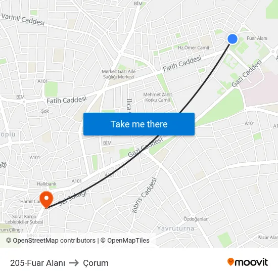 205-Fuar Alanı to Çorum map