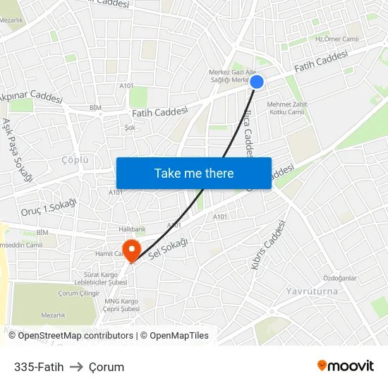 335-Fatih to Çorum map