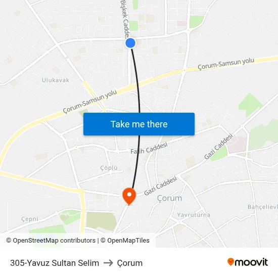 305-Yavuz Sultan Selim to Çorum map