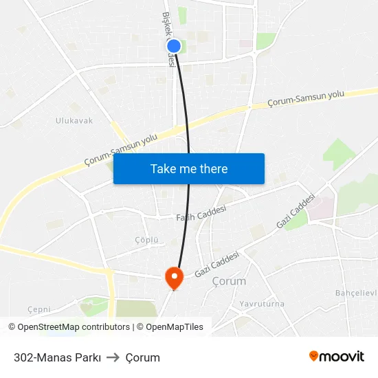 302-Manas Parkı to Çorum map